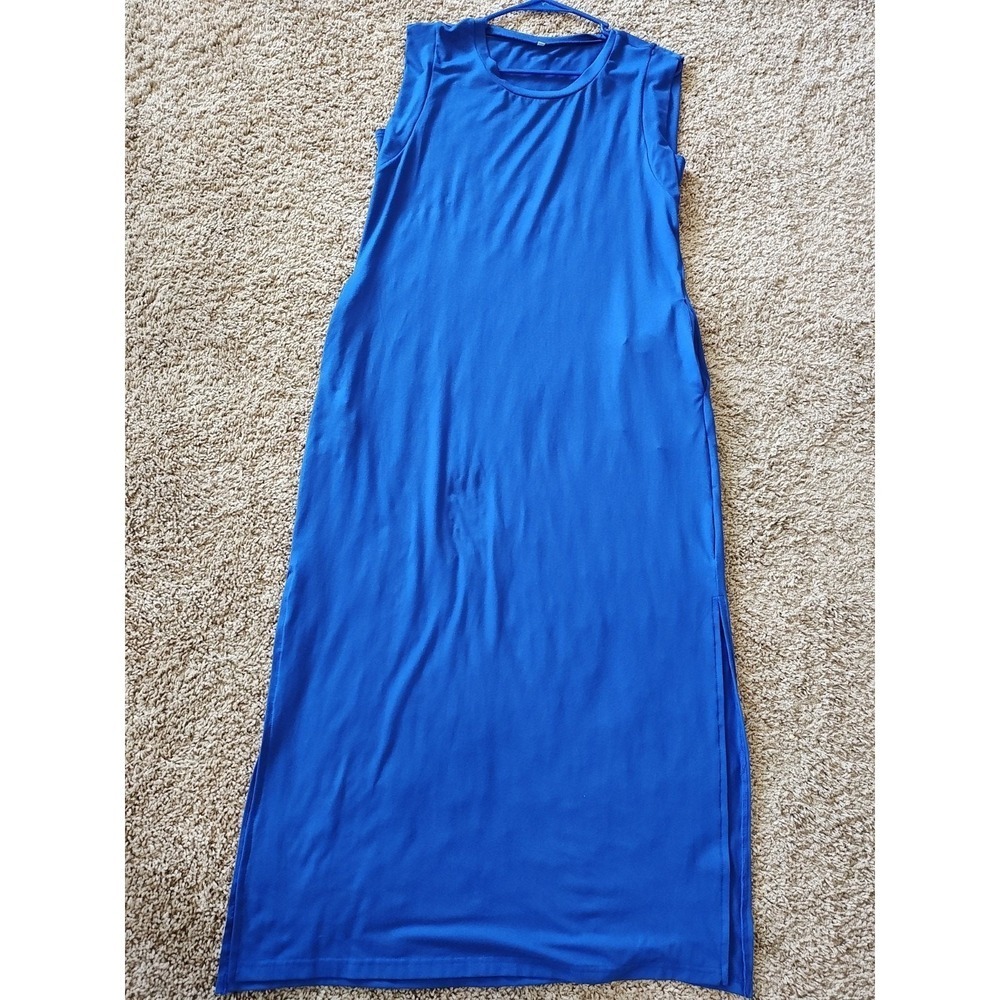 Women Royal Blue Sleeveless Maxi Dress Side Slits Pockets Size Medium Beachy